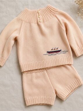 Vintage 1970s Baby Knit Sweater & Shorts Set Pink Nautical Ship 6-12 Months